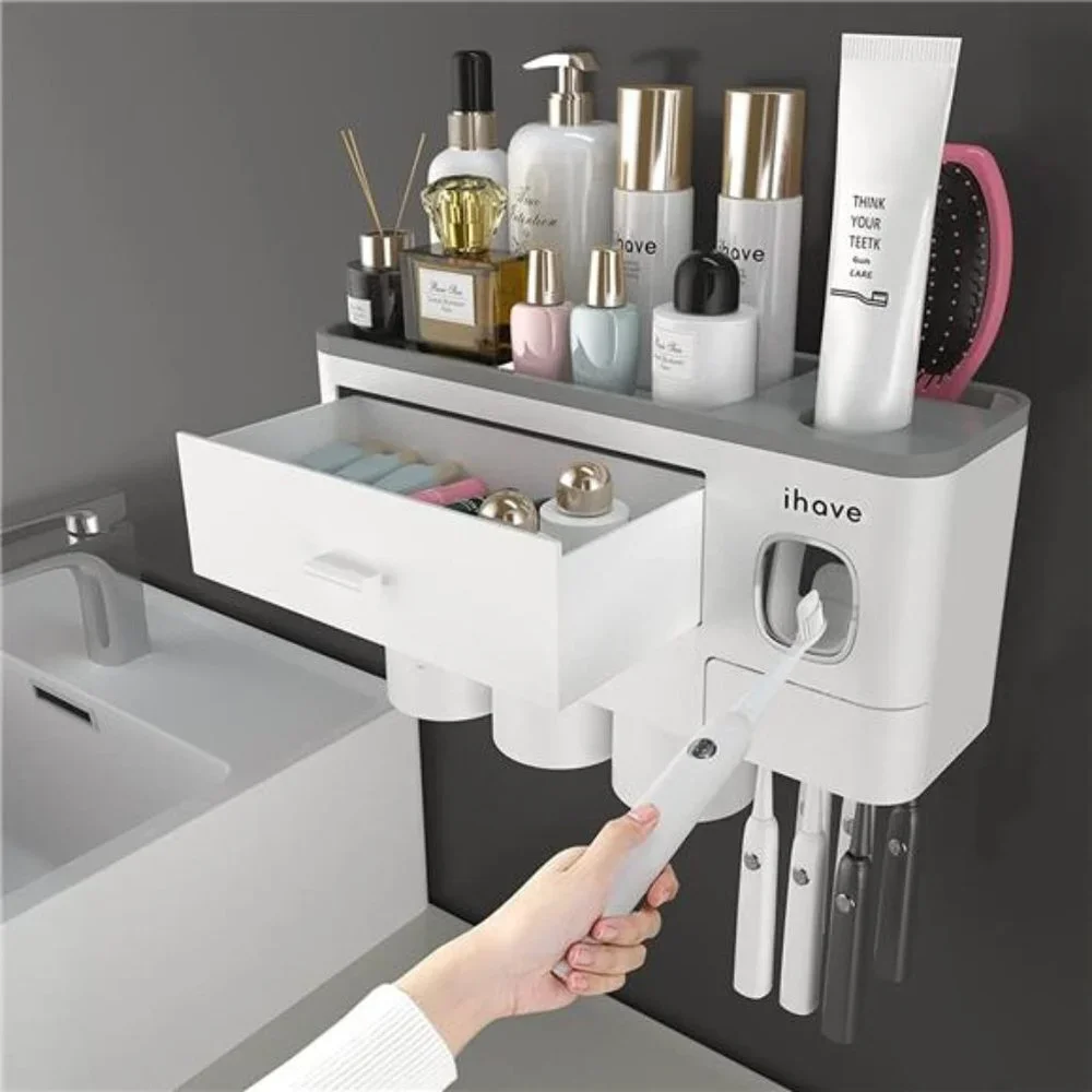 3 Cups Toothbrush Holder Wall Mounted with Toothpaste Dispenser, White